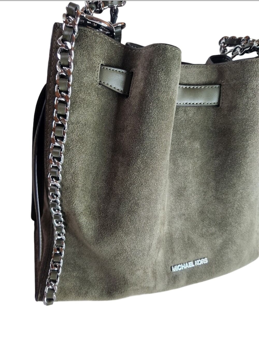 NWT Michael Kors Mina Large Suede Chain Shoulder Bag - Olive Green - Picture 4 of 16